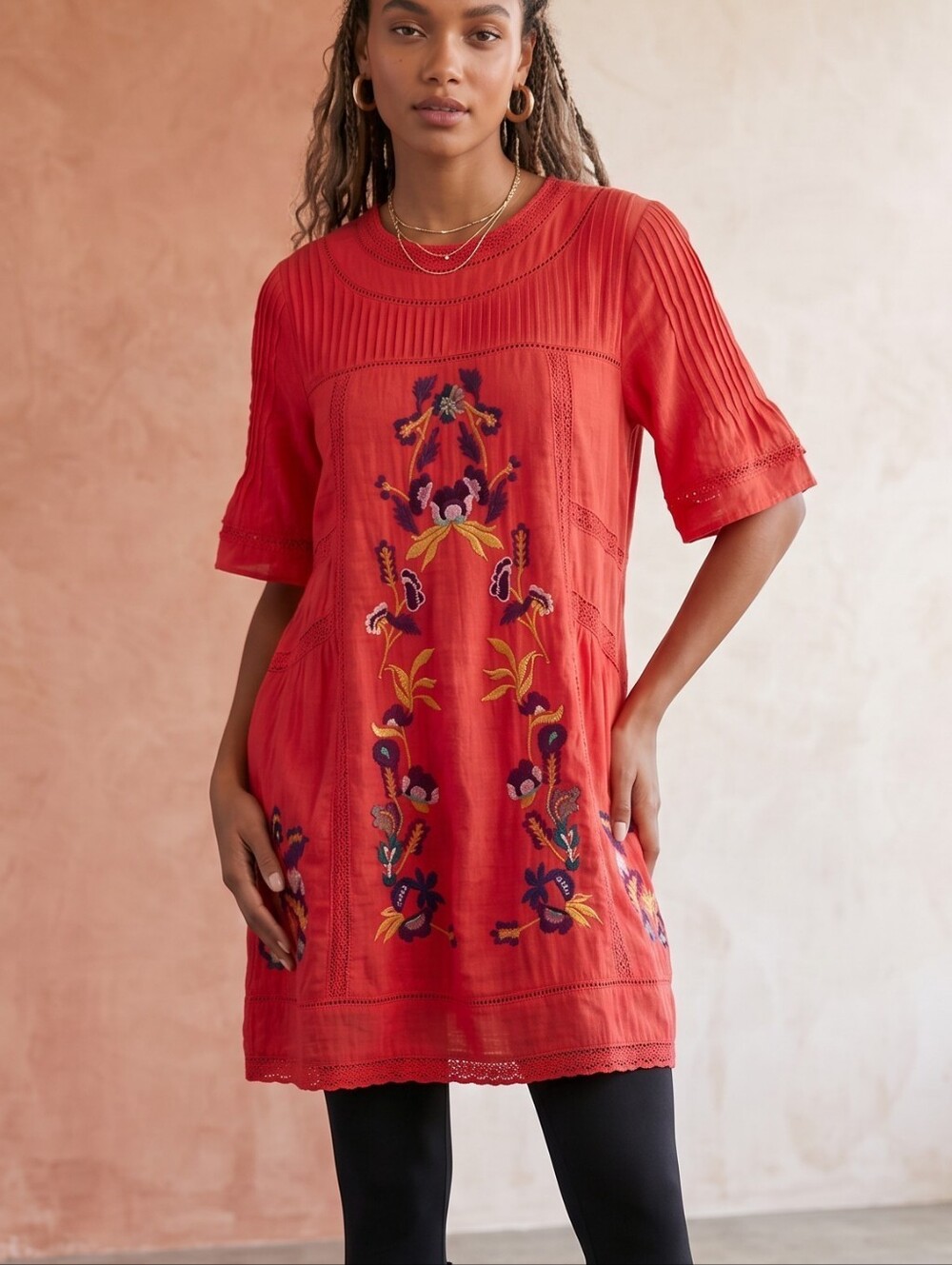 Free People Red Embroidered Boho Cotton Mini Dress Tunic Top Small